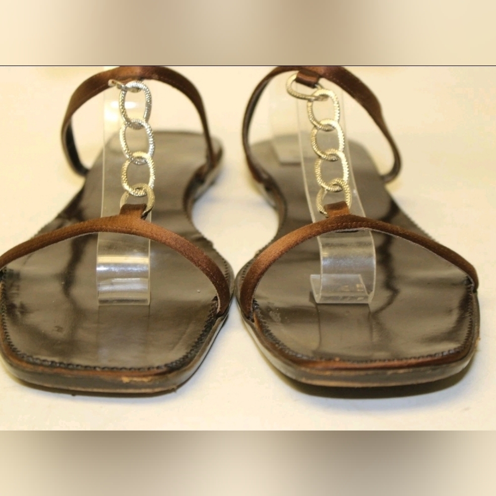 Gucci Sandals 7.5 Italy Made Brown Satin Chain Ankle Strap Shoes - Picture 5 of 14